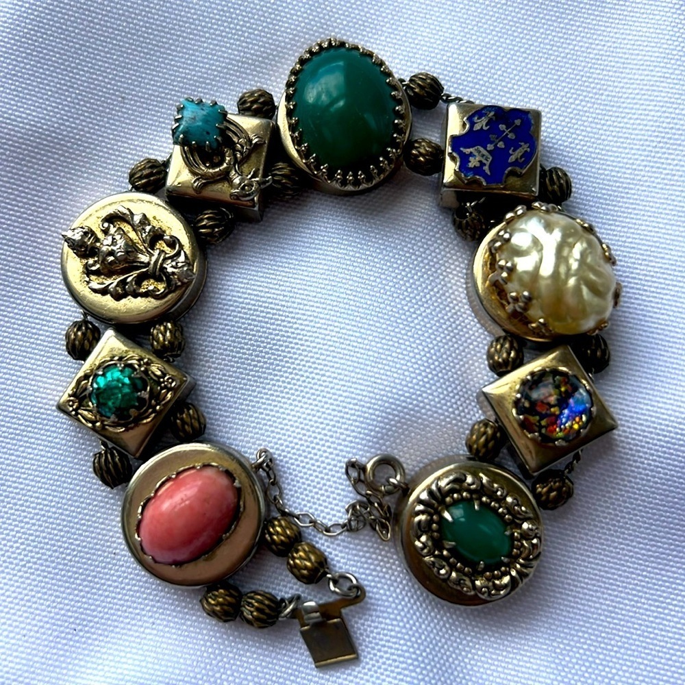 Vintage slide charm multiple gemstone heavy bracelet